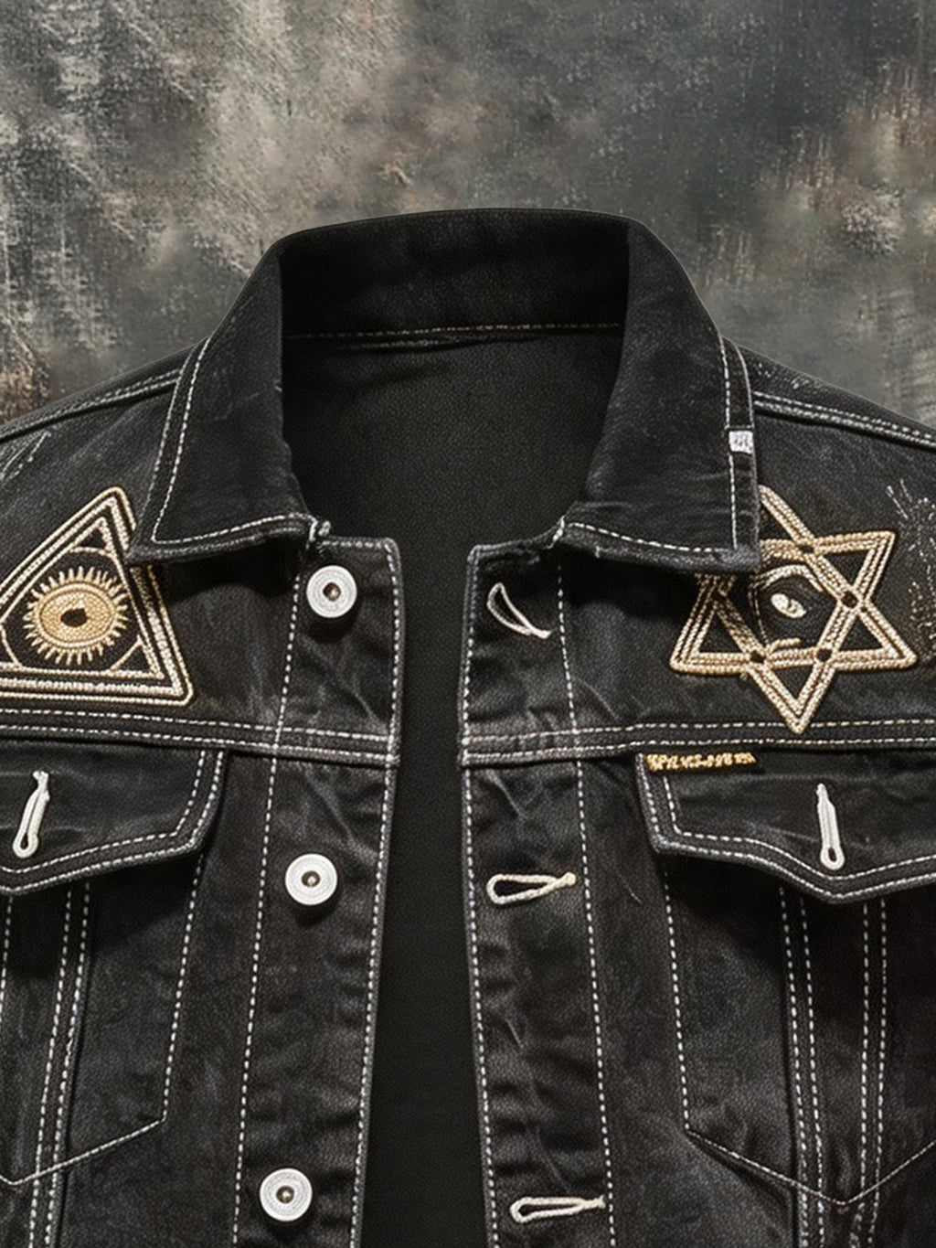 Men's Vintage Distressed Embroidered Biker Denim Jacket