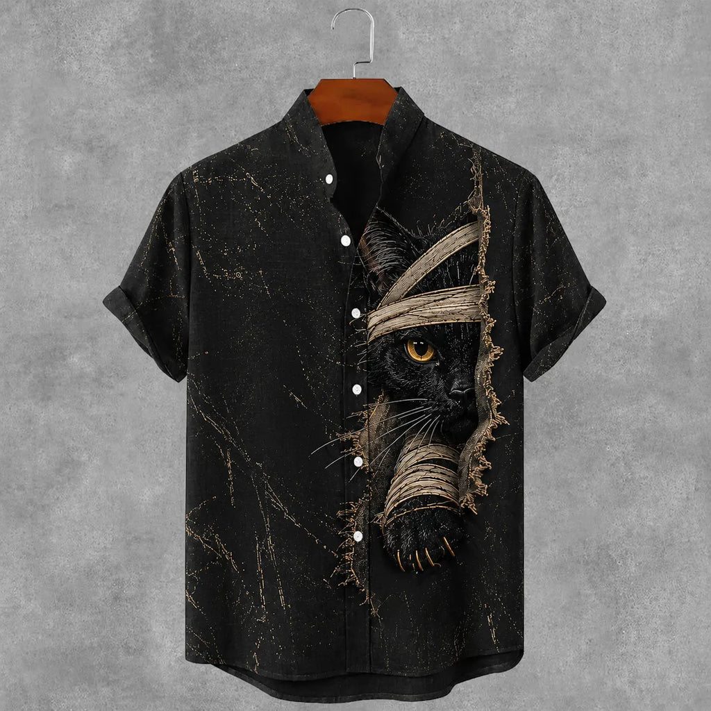 Men's Gothic Bandage Black Cat Art Short Sleeve Linen Shirt