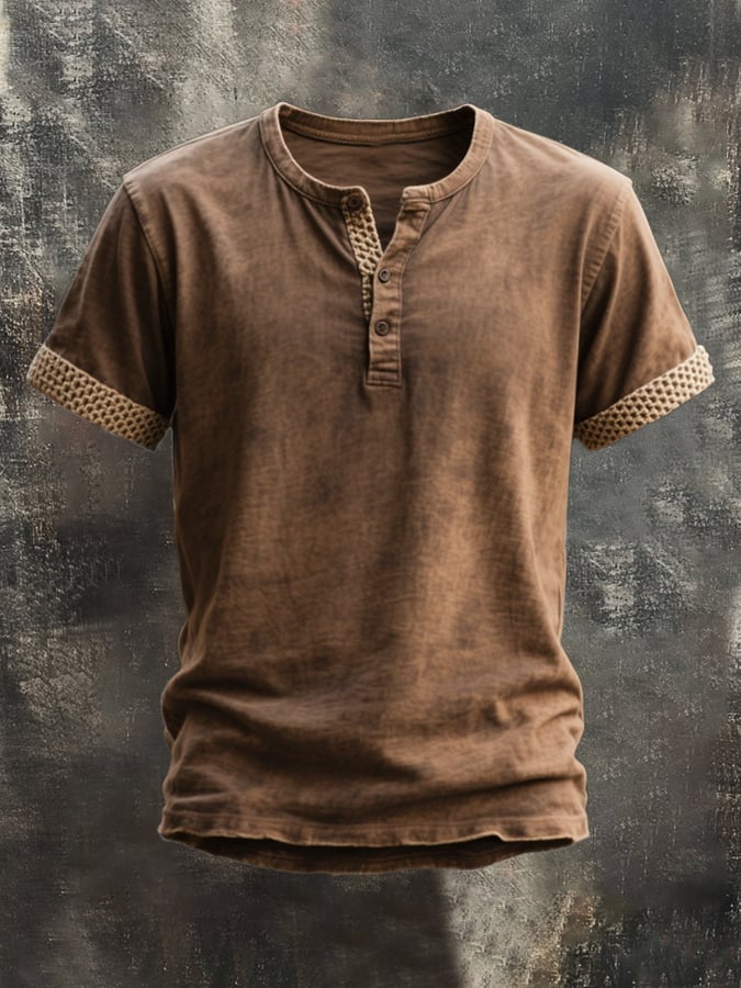 Men's Vintage Distressed Colorblock Casual Henley Short Sleeve T-Shirt