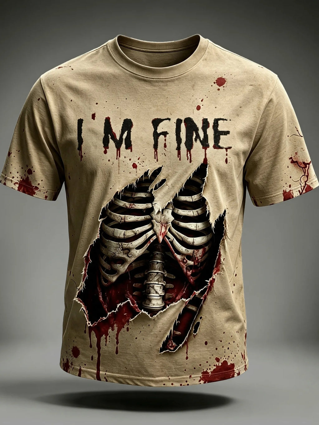 Men's I'm Fine Bloody Skull 3d Print Graphics Short Sleeve Crewneck T-shirt