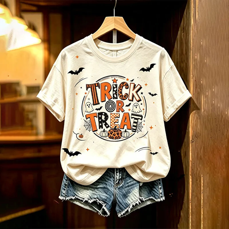 Women's 'trick Or Treat' Colorful Print Short Sleeve Top