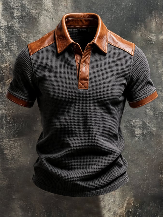 Men's Vintage-Style Leather and Waffle-Knit Panel Polo Shirt