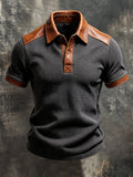 Men's Vintage-Style Leather and Waffle-Knit Panel Polo Shirt