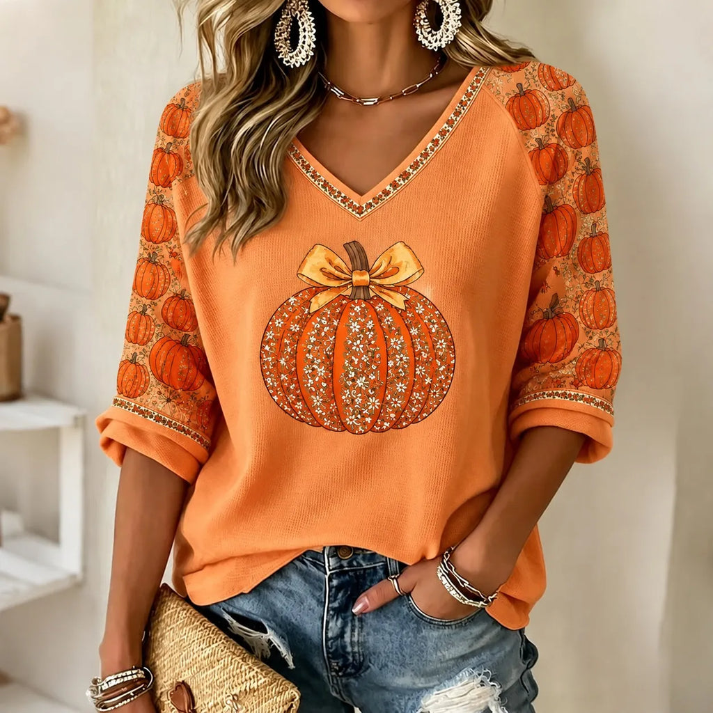 Women's Autumn Pumpkin Rhinestone Pattern Casual Mid-sleeve T-shirt