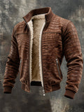Men’s Vintage Faux-Leather Crocodile-Texture Fleece-Lined Stand-Collar Jacket