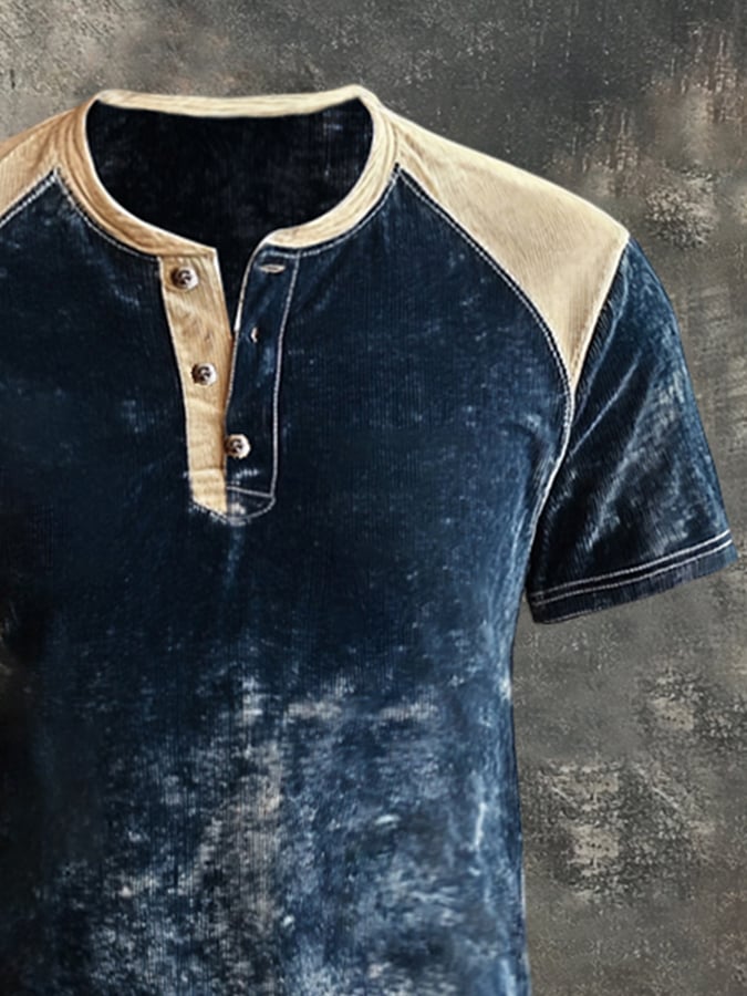 Men's Vintage Distressed Colorblock Casual Henley Short Sleeve T-Shirt