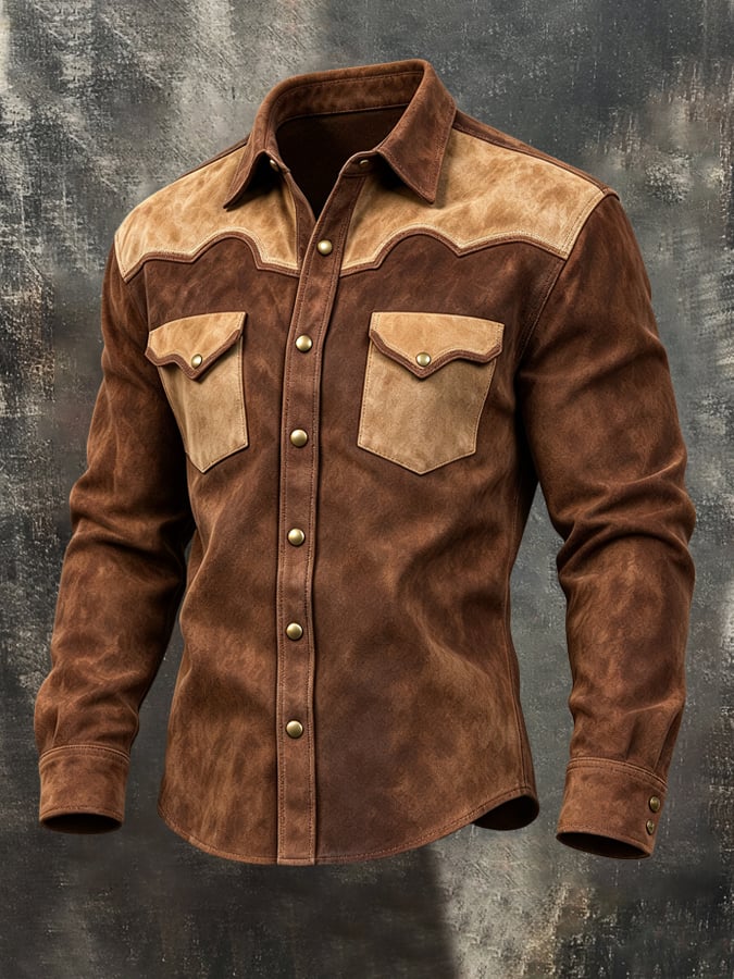 Men's Vintage Western-Style Color-Block Long-Sleeve Faux Suede Shirt