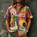 Men's Blues Guitar Piano Patch Print Short Sleeve Buttons Shirt