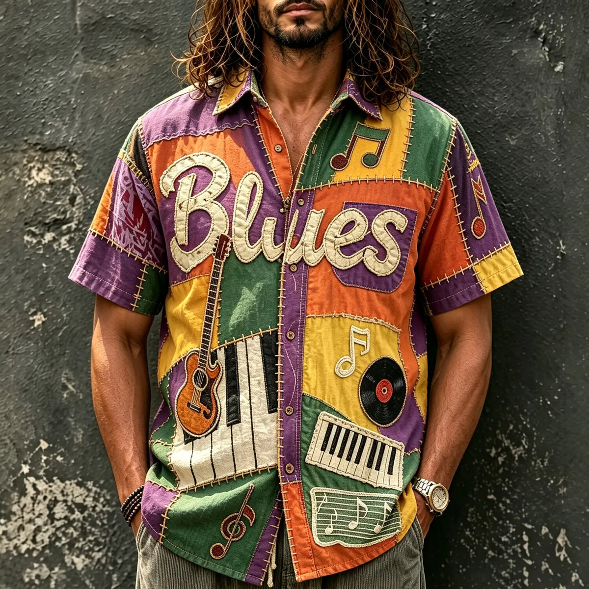 Men's Blues Guitar Piano Patch Print Short Sleeve Buttons Shirt