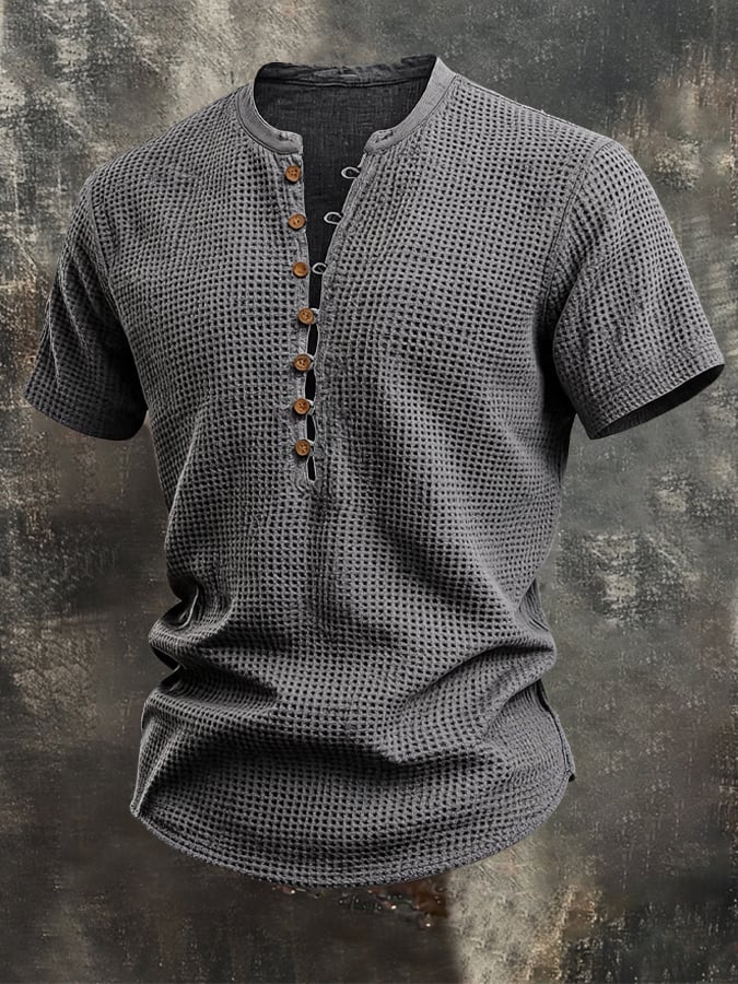 Men's Vintage Waffle-Knit Henley Short-Sleeve T-Shirt