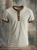 Men's casual retro style Henley shirt with contrast color and short sleeves