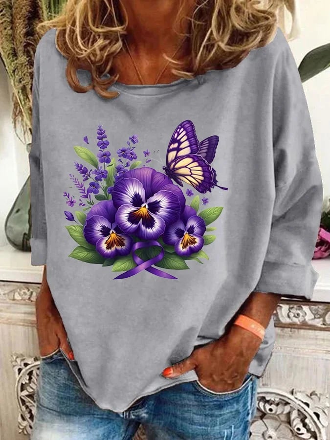Women's Alzheimer's Awareness Purple Floral Print Casual Sweatshirt