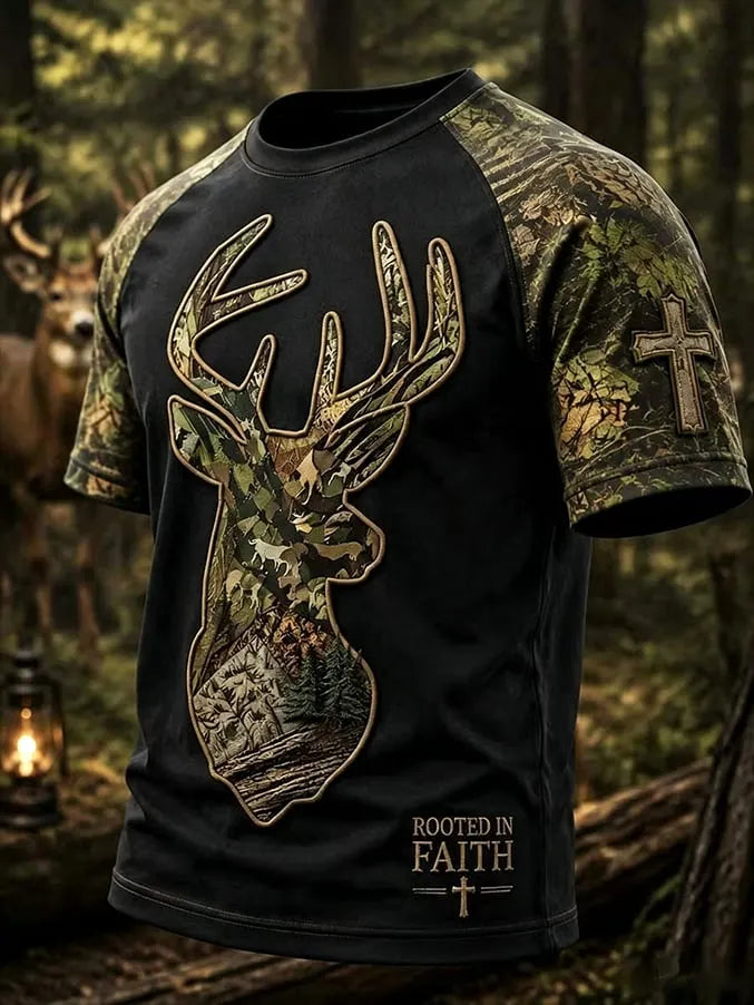 Men's Vintage Traditional Reindeer Pattern Print Short-Sleeve T-Shirt