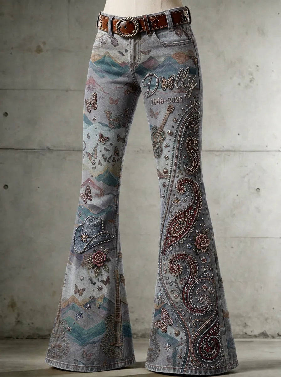 Women's Dolly Parton Butterfly Guitar Paisley Printed Flare Pants