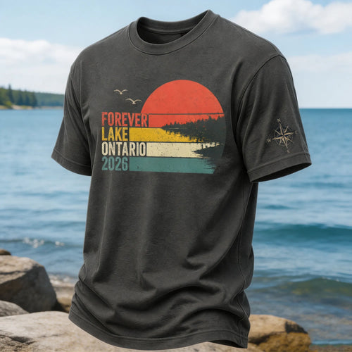 Forever Lake Ontario 2026 Retro Sunset Striped T-shirt