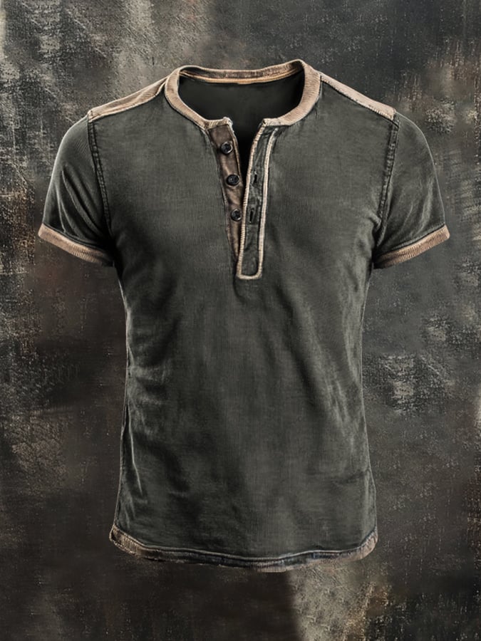 Men'S Retro Colorblock Casual Henley Short Sleeve Top1