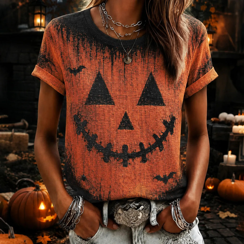 Women's Halloween Pumpkin Face Art Print T-shirt