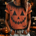 Women's Halloween Pumpkin Face Art Print T-shirt