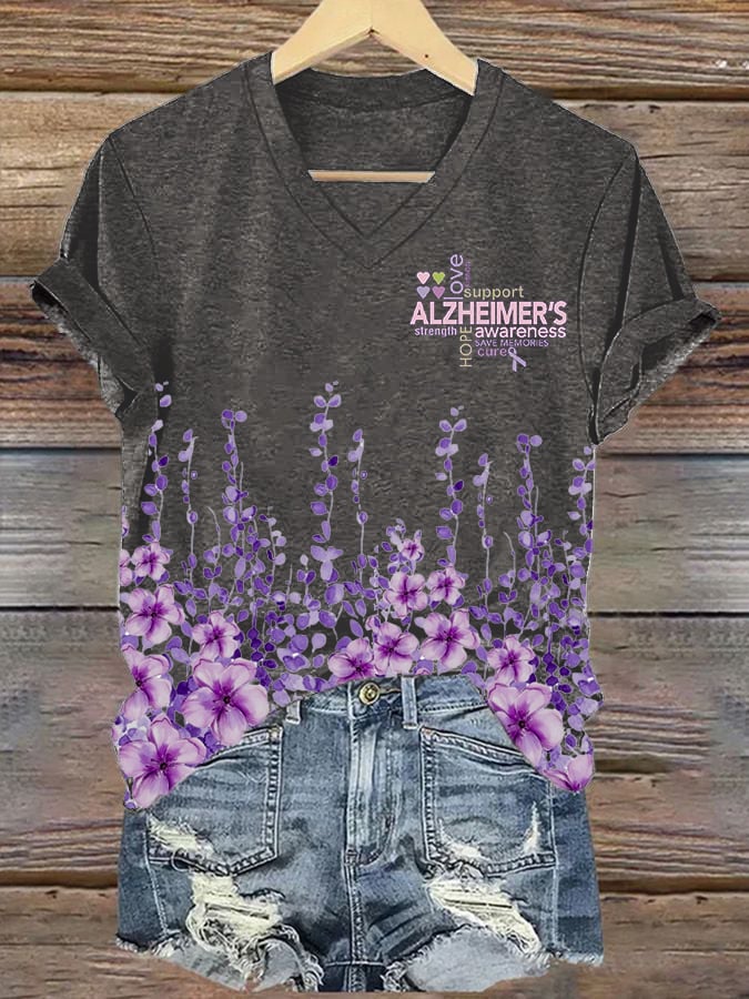 Women's Alzheimer's Disease Awareness Floral Print V-Neck T-Shirt