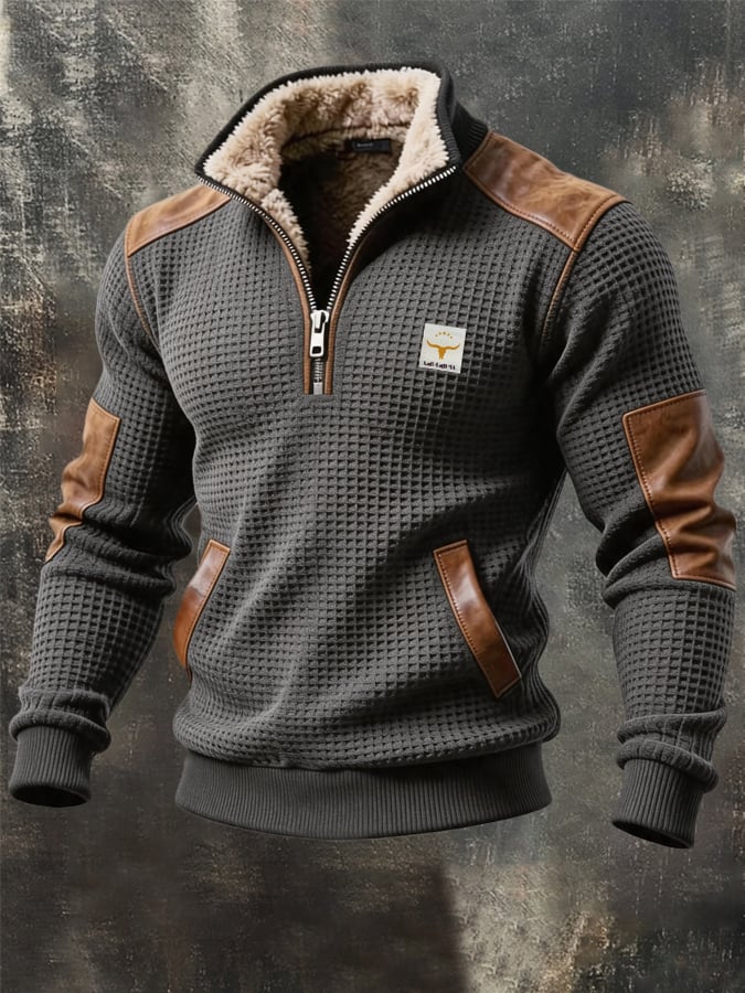 Men's Retro Textured Waffle-Knit Fleece-Lined Zip-Neck Sweatshirt
