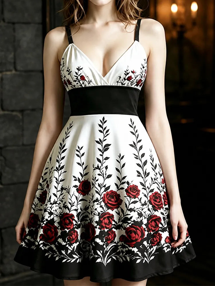 Women's Gothic Halloween Style Rose Strap Mini Dress