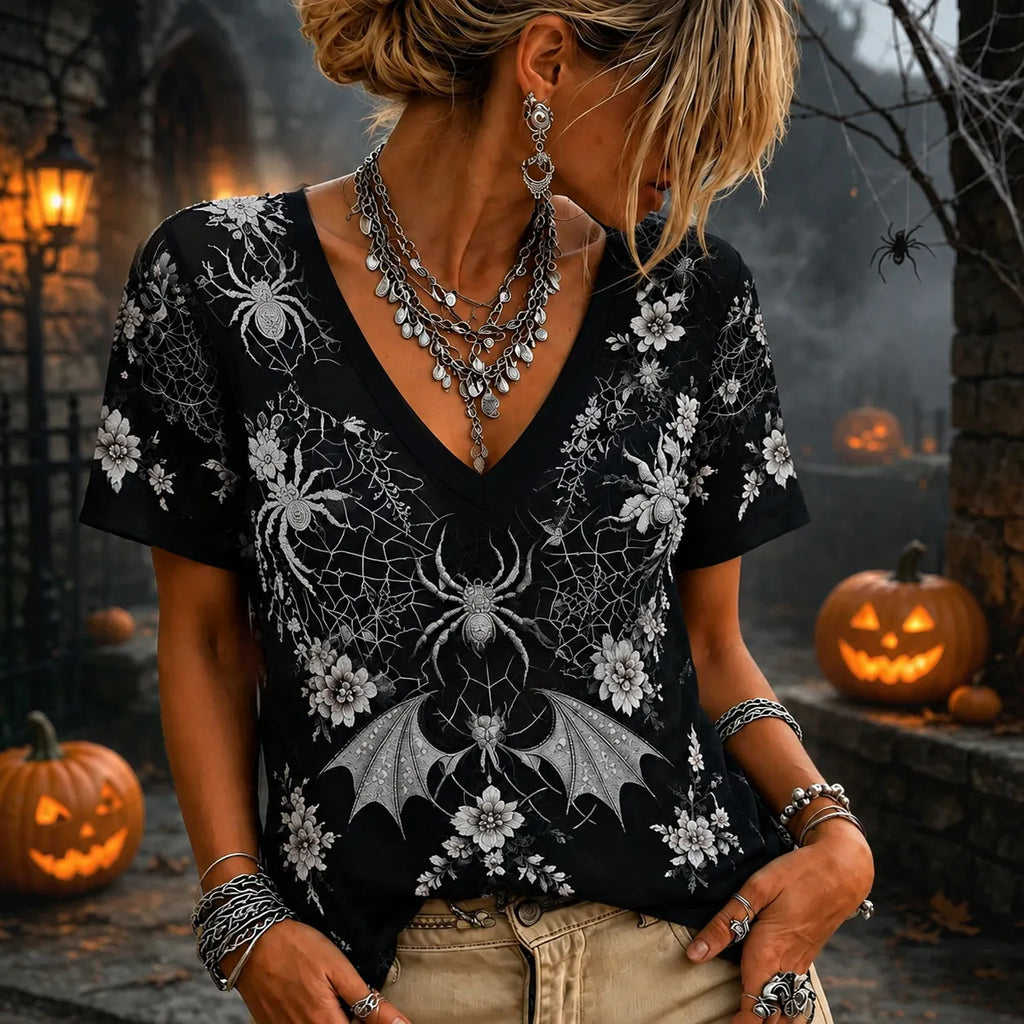 Women 3d Silver Spider Bat Floral Lace Mesh V Neck Short Sleeve Gothic Witch Halloween Top