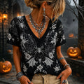 Women 3d Silver Spider Bat Floral Lace Mesh V Neck Short Sleeve Gothic Witch Halloween Top