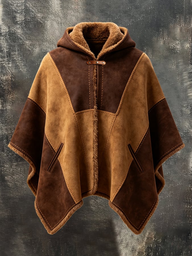 Men's Vintage Faux Suede Color-Block Fleece-Lined Warm Cape/Poncho