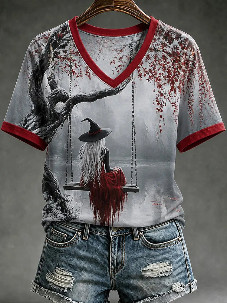 Women's Halloween Print V-neck Short-sleeved T-shirt