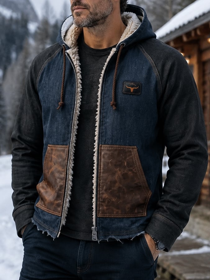 Men's Vintage Denim-Panelled Warm Hooded Jacket