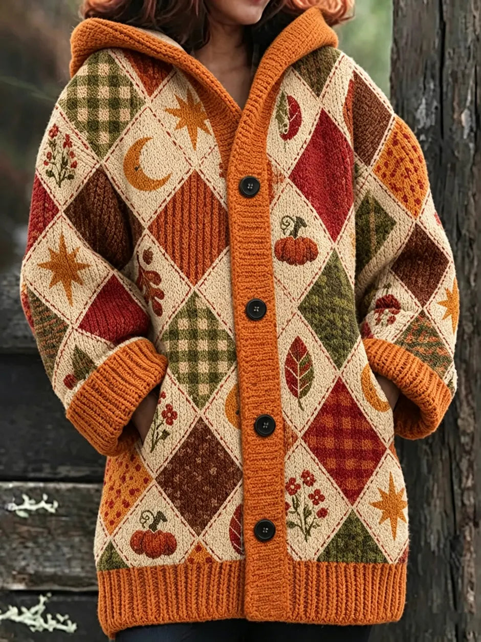 Women's Autumn Halloween Patchwork Knit Hooded Cardigan