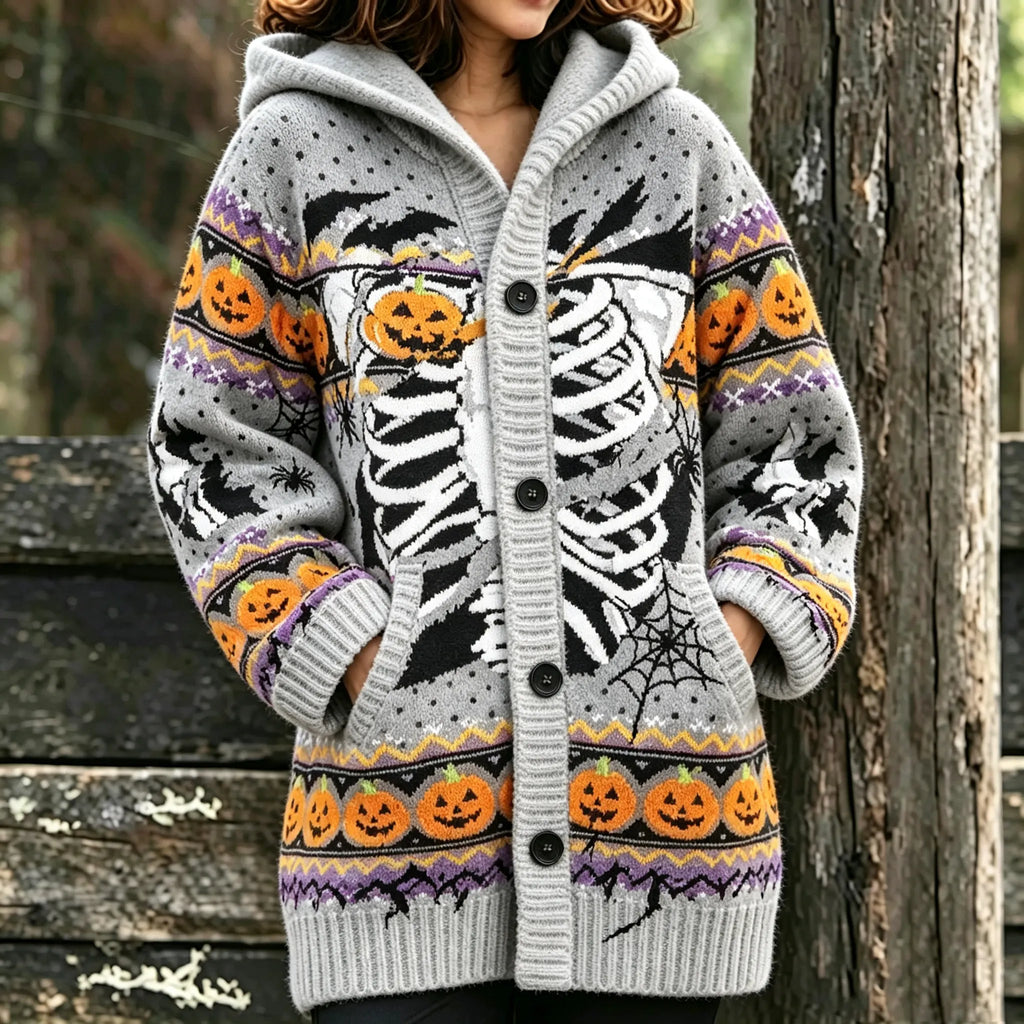 Women's Halloween Skeleton Pumpkin Skull Print Hooded Cardigan Sweater