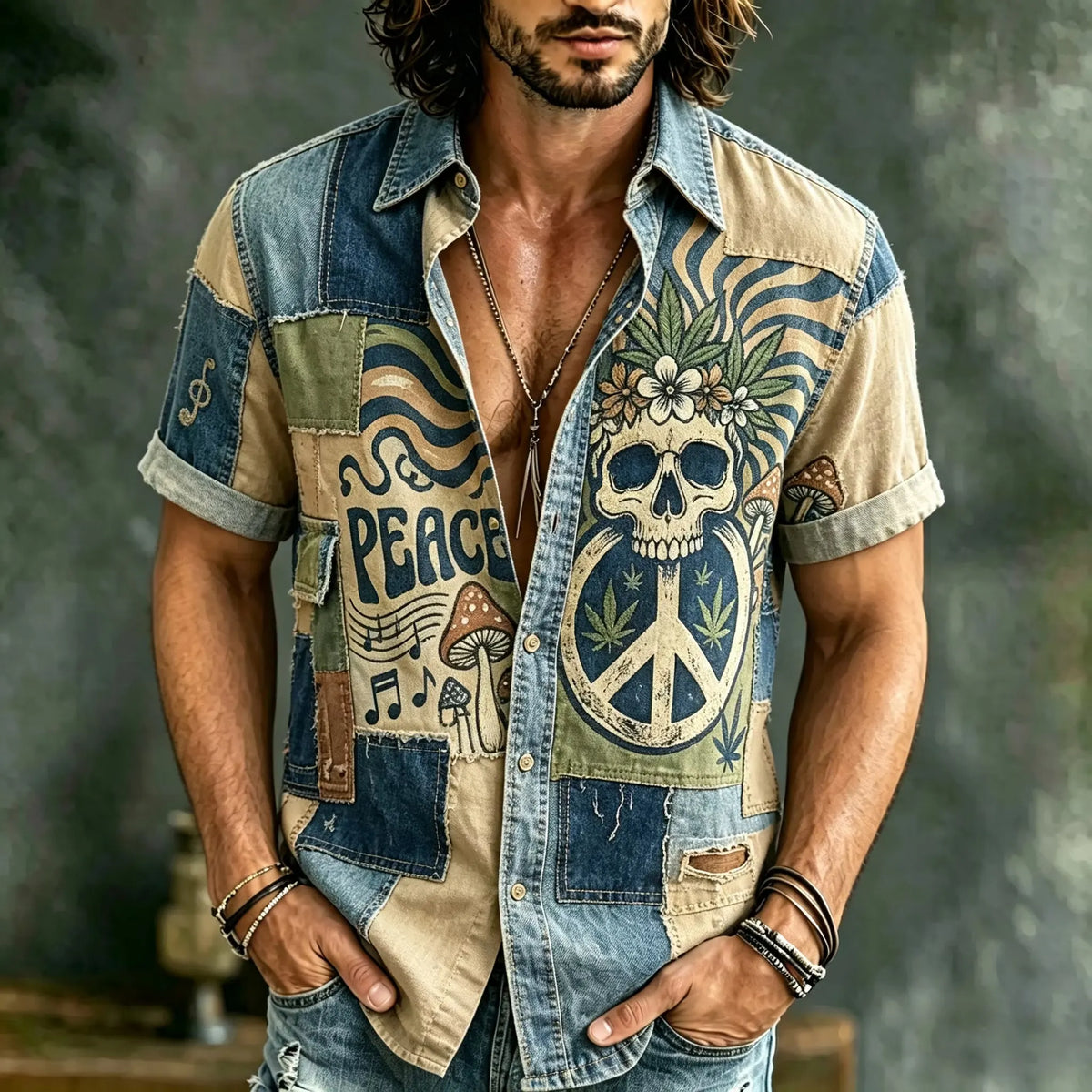 Men's Vintage Skull Peace Hippie Patchwork Print Short Sleeve Buttons Shirt