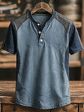 Men's Retro Color-Block Short-Sleeve Henley T-Shirt