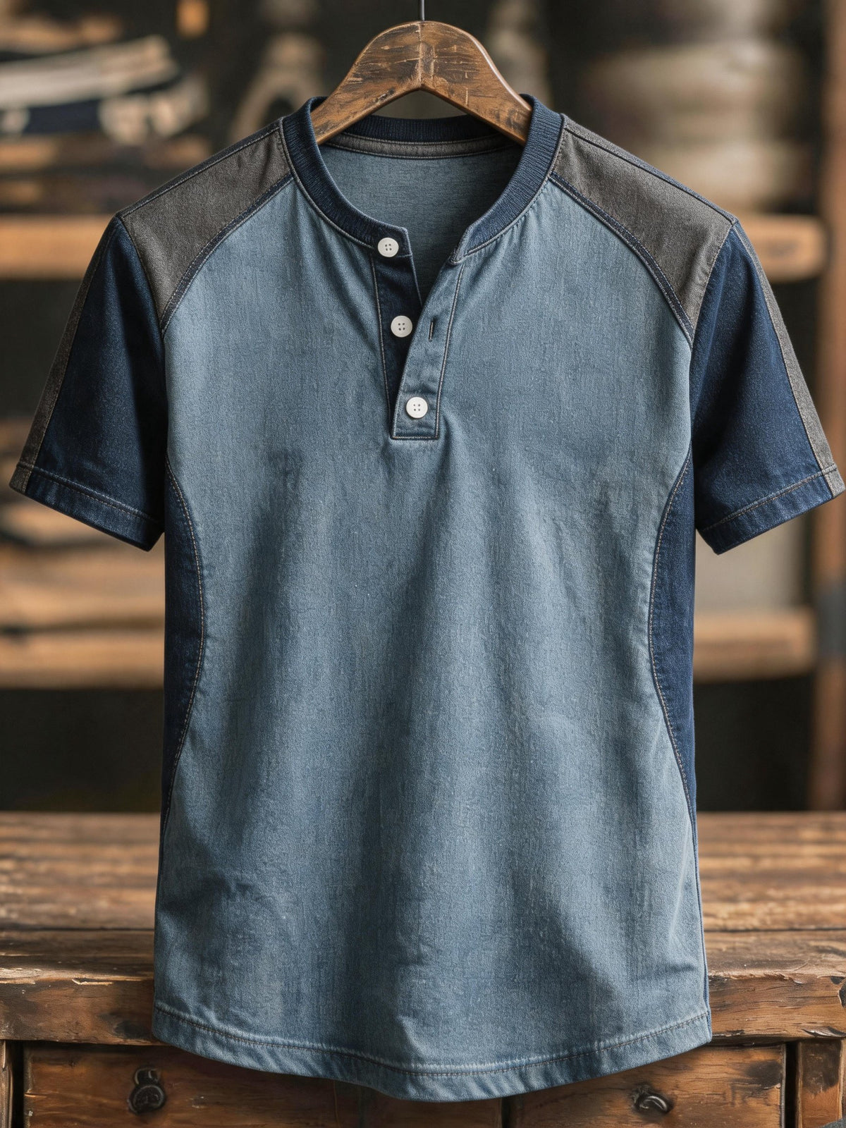 Men's Retro Color-Block Short-Sleeve Henley T-Shirt
