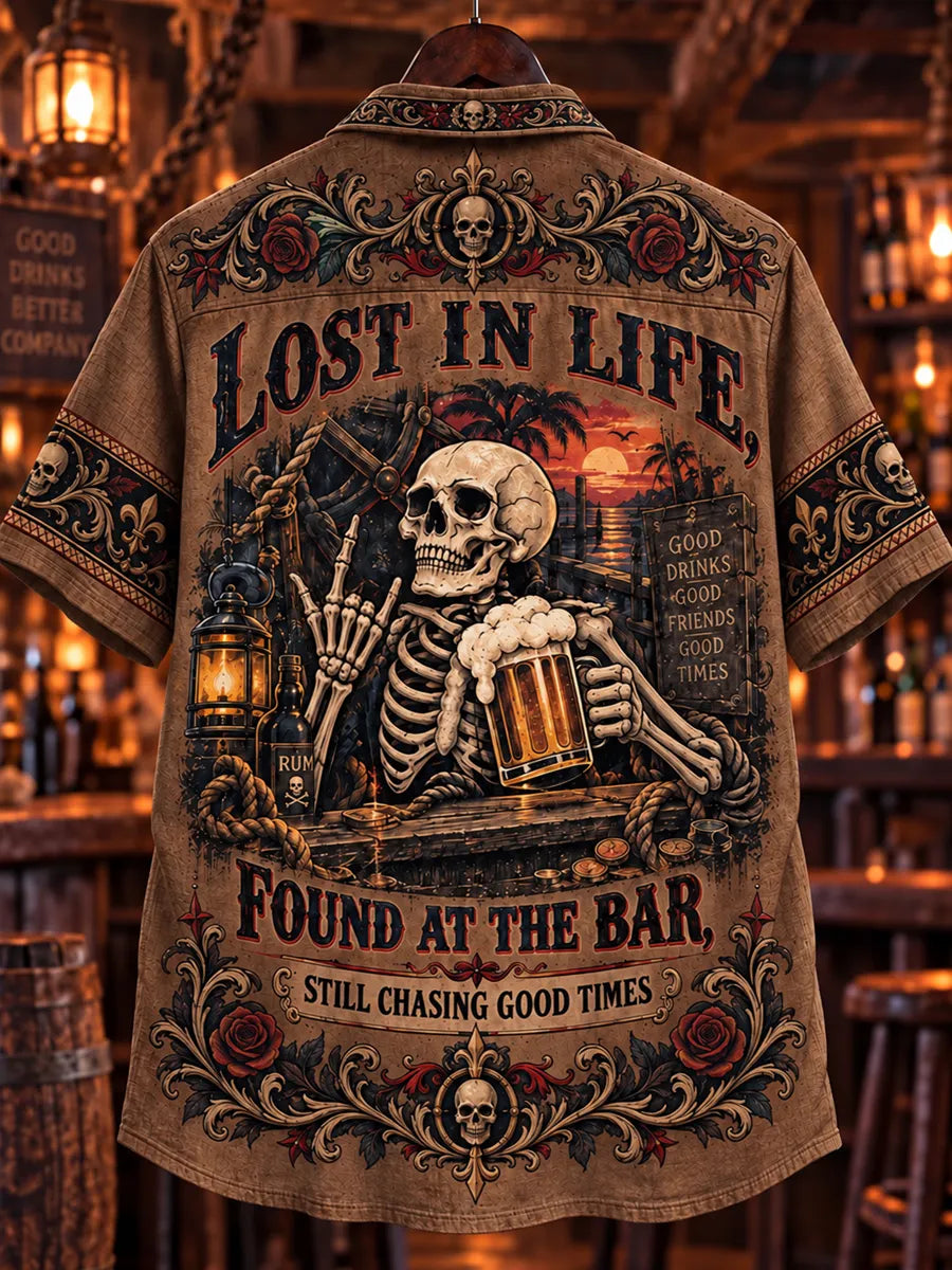 Men’s Vintage  "LOST IN LIFE, FOUND AT THE BAR," Skull Printed Short Sleeve Shirt