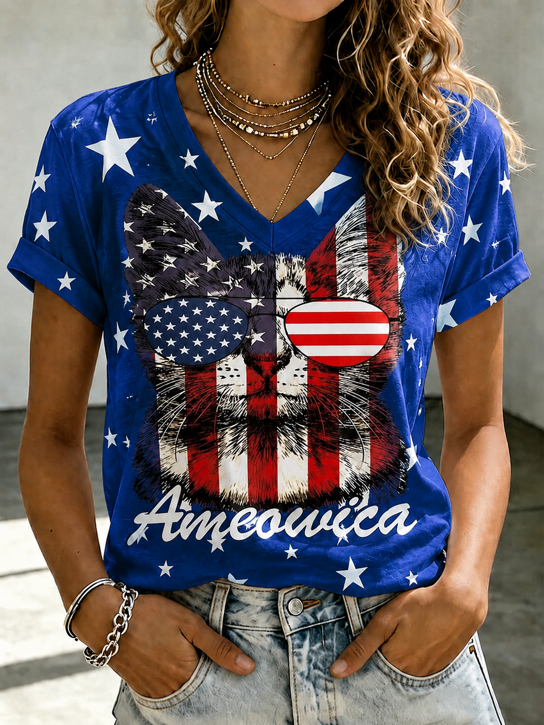 Women'S American Flag Cat Printed Casual T-Shirt
