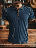 Men's vintage-style Henley print short-sleeved T-shirt