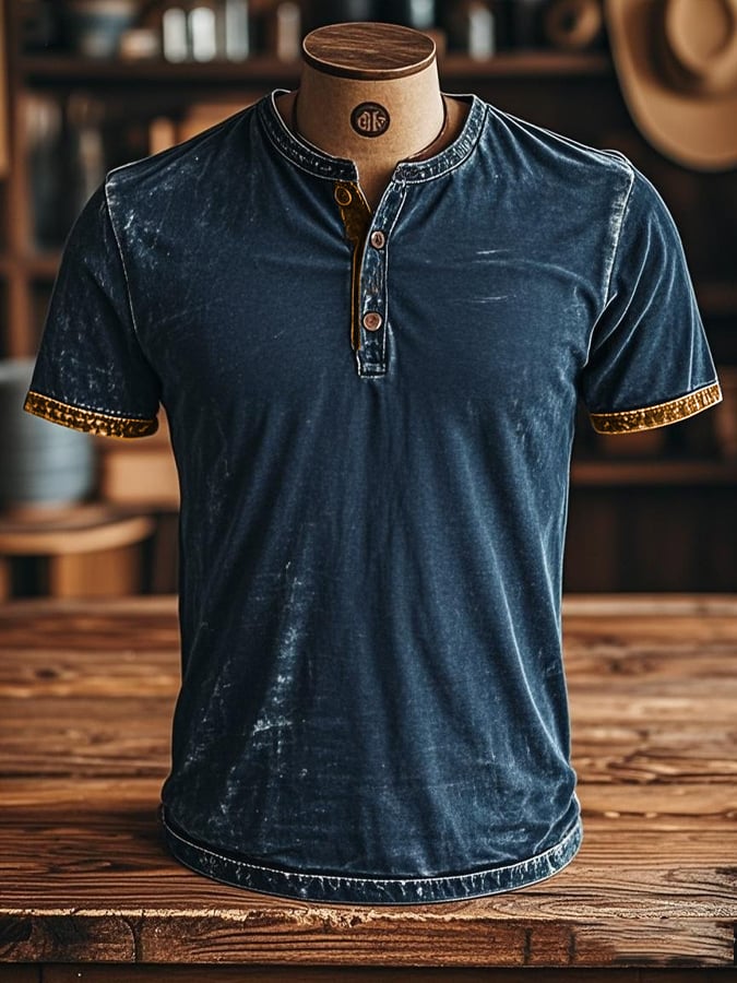 Men's vintage-style Henley print short-sleeved T-shirt