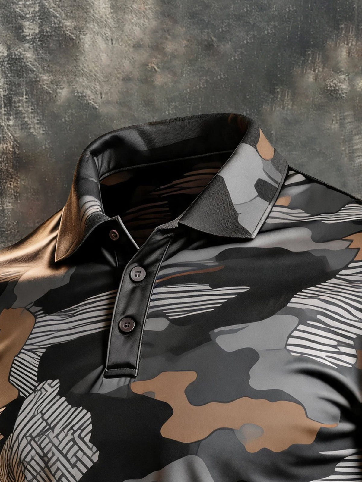 Men's Retro Color-Block Camouflage Long-Sleeve Polo Shirt