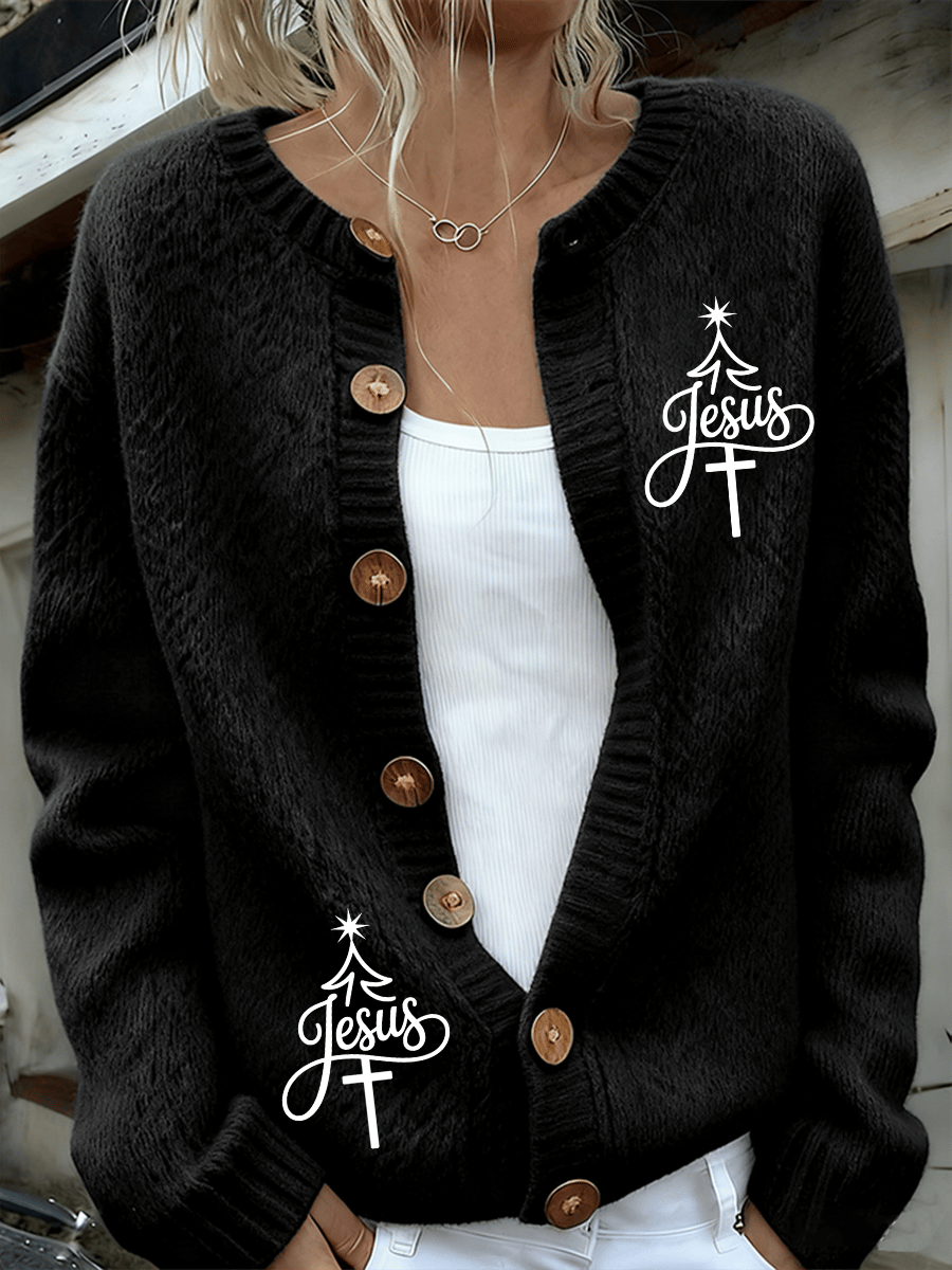 Women's Christmas Faith Print Knit Cardigan