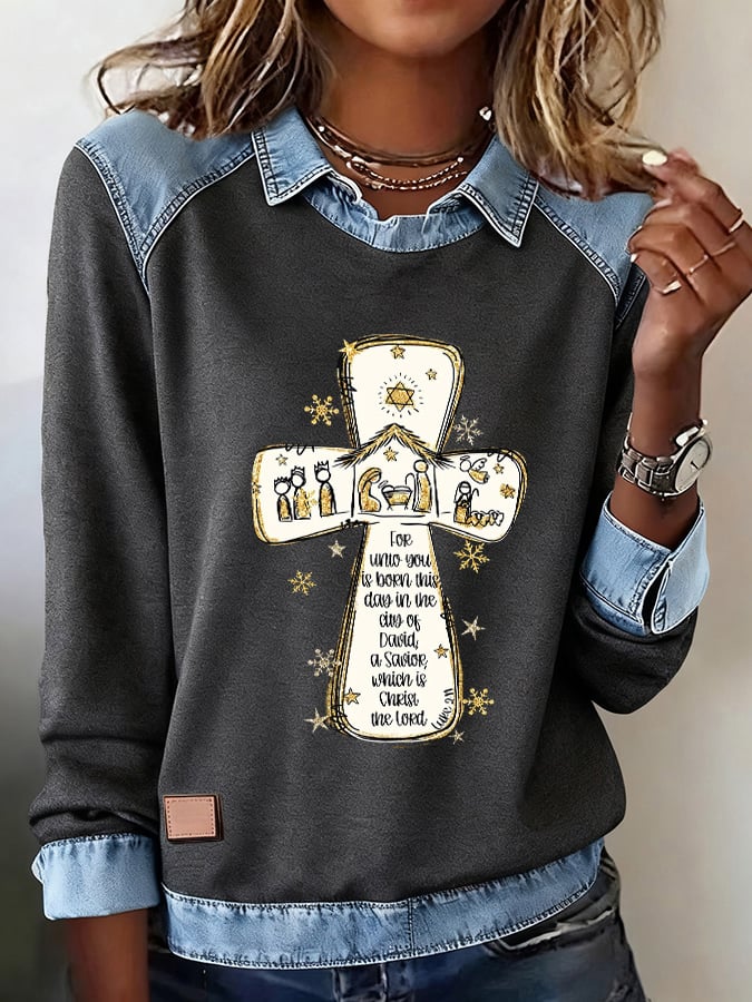 Retro Christmas For Unto You Is Born This Day In The City Of David A Savior, Which Is Christ The Lord – Luke 2:11 Printed Denim Patchwork Sweatshirt