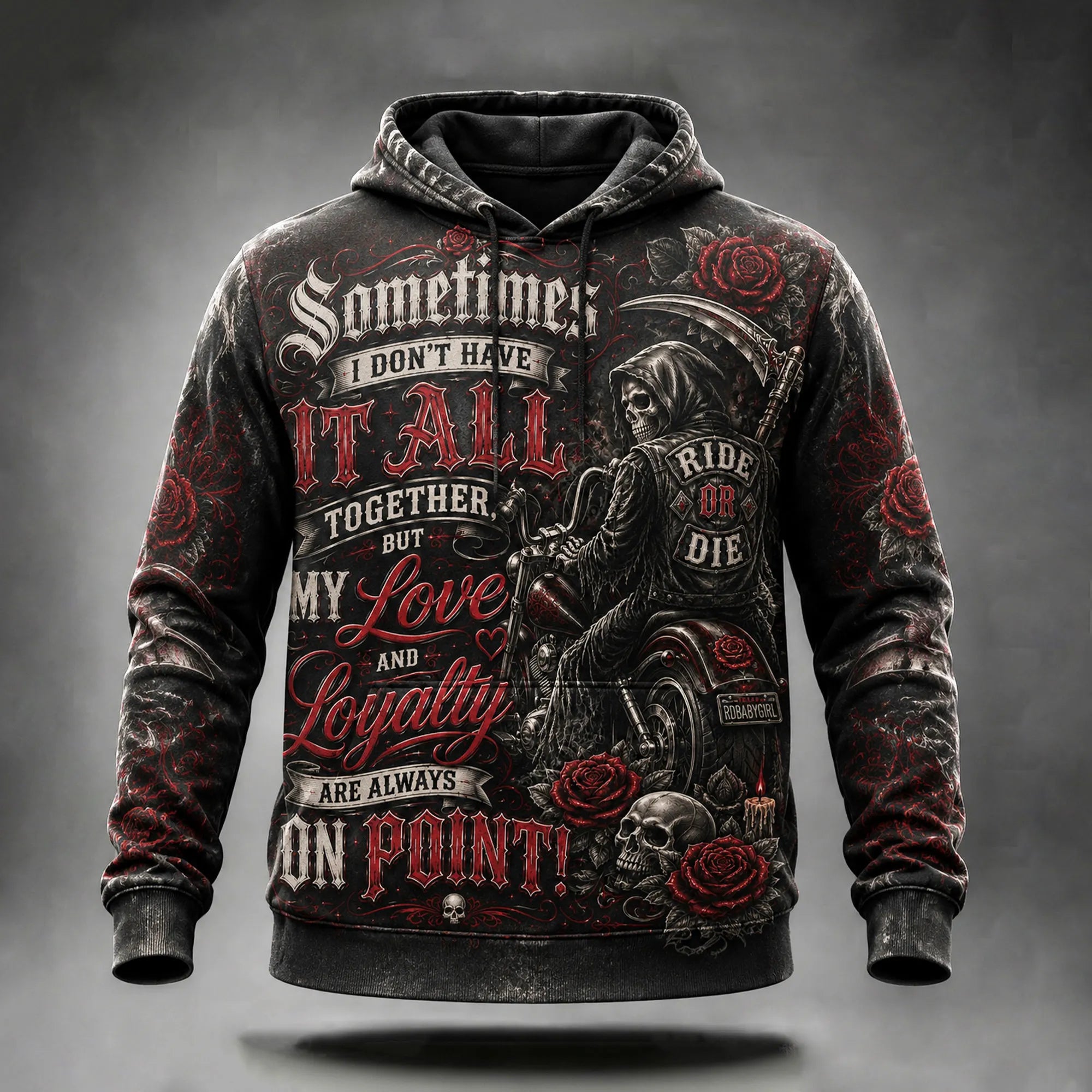 Men's Vintage Washed Distressed Motorcycle Grim Reaper Rose Pattern Gothic Skull Loyalty Quote Street Style Hoodie