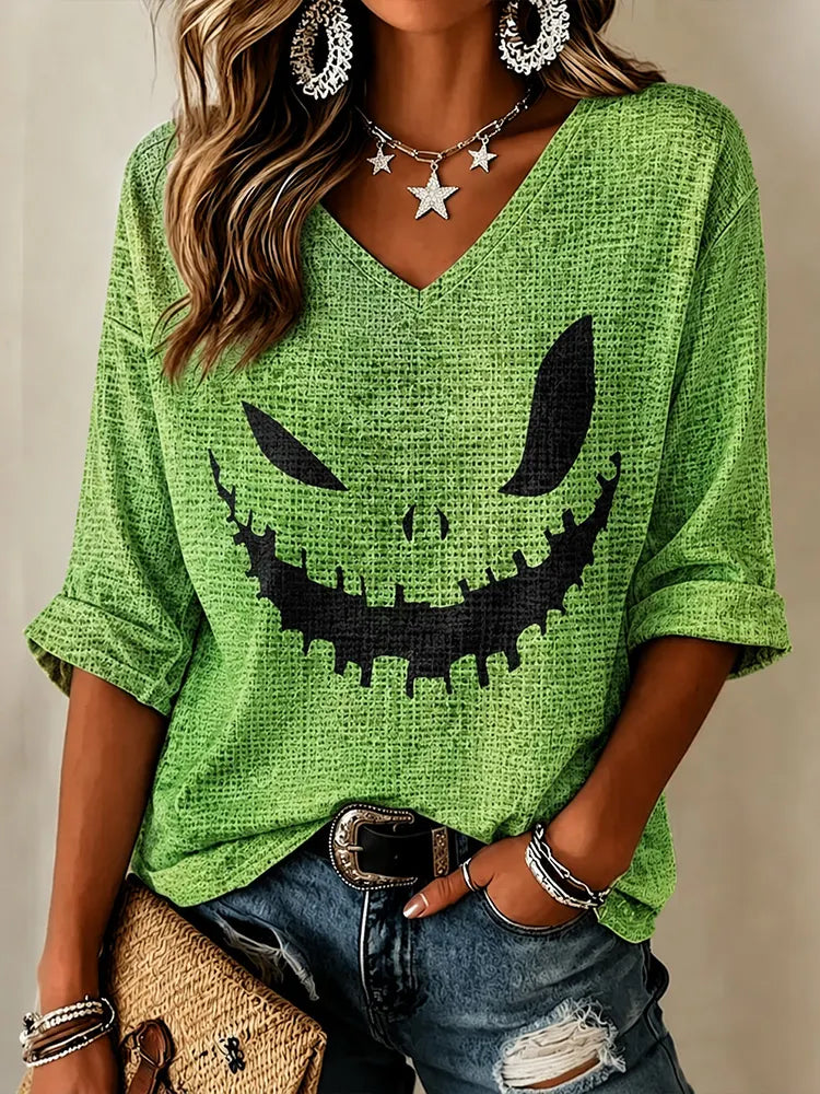 Women's Halloween Pumpkin Face Art Waffle Casual V-neck Short Sleeve Top