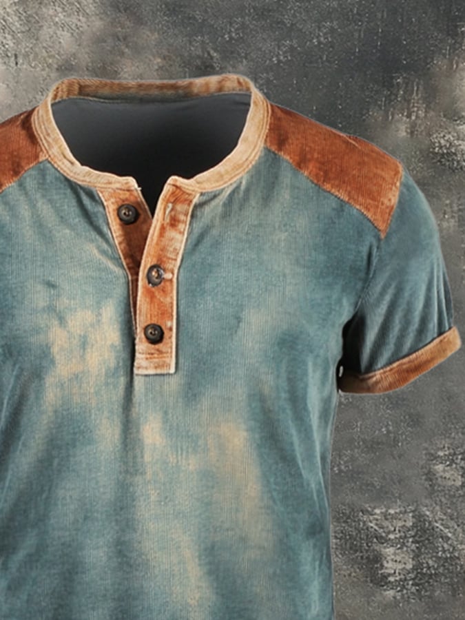 Men's Vintage Color Block Cotton Casual Henley Short Sleeve T-Shirt