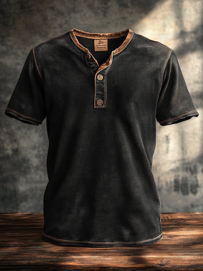 Men's casual waffle henley t-shirt, short sleeve