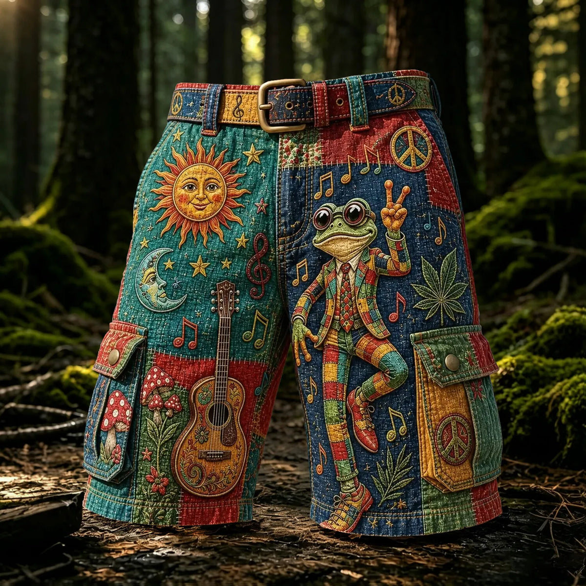 Men's Vintage Color Block Hippie Nature Music Print Cargo Shorts