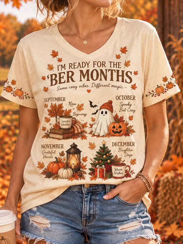Women's Autumn Ber Months Seasonal Graphic V-neck Short Sleeve T-shir