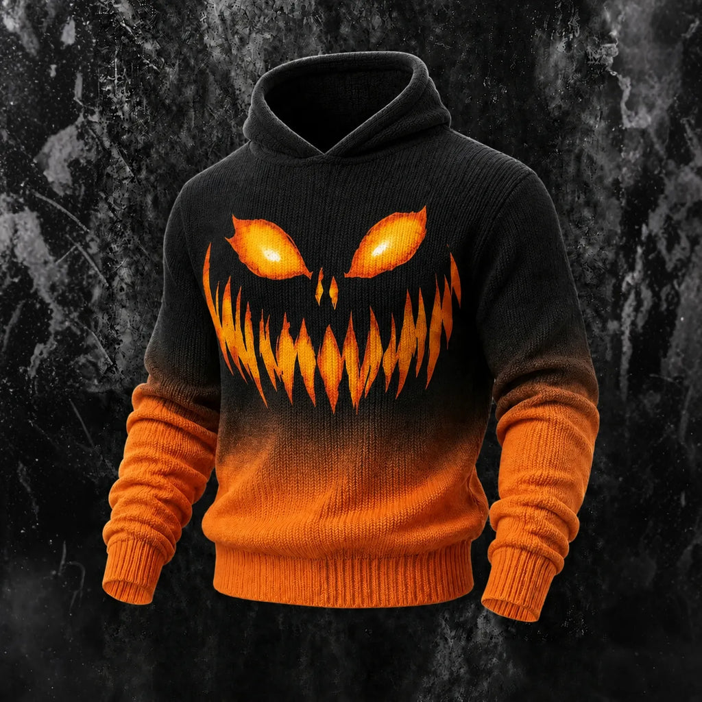 Men's Halloween Spooky Face Print Hooded Cozy Knit Sweater