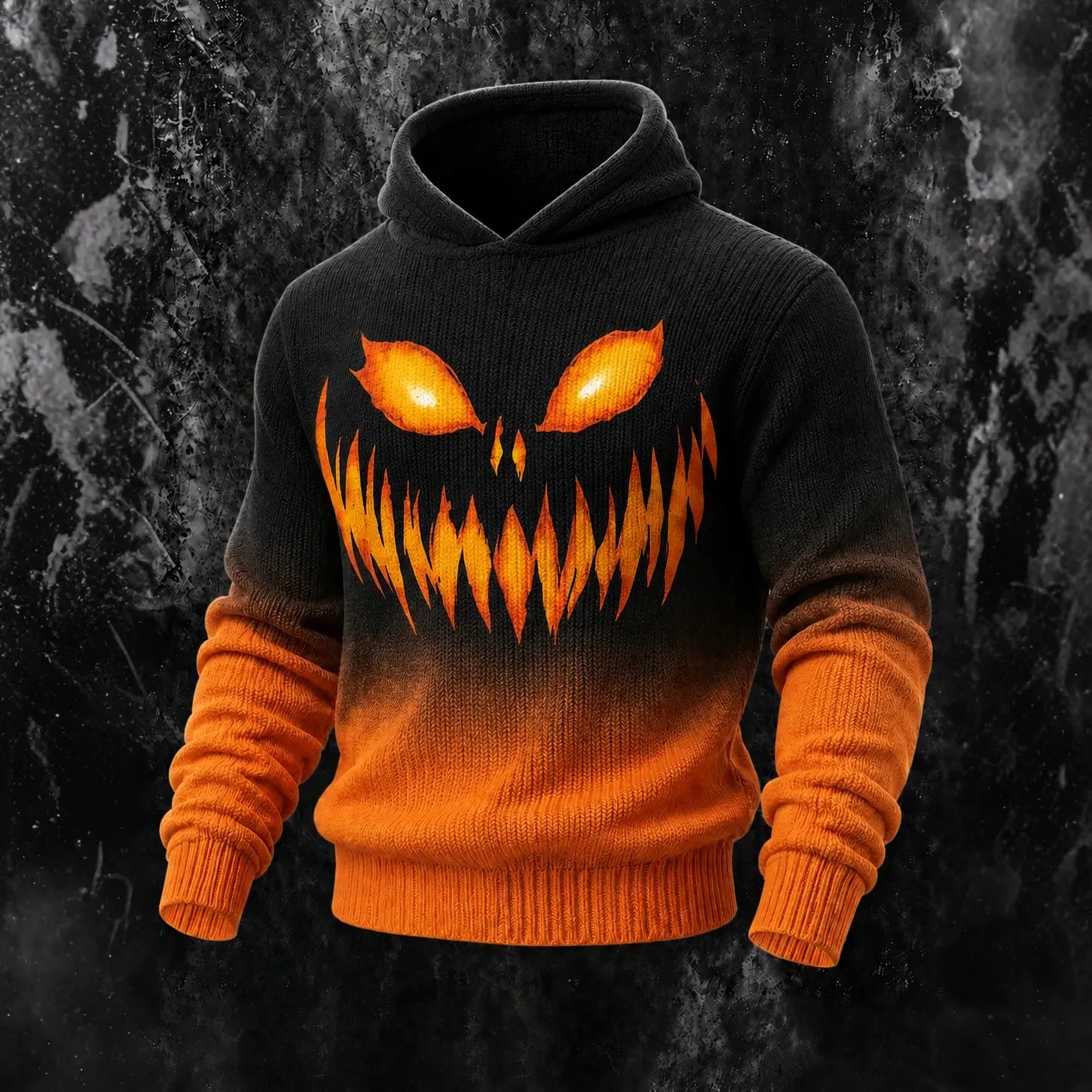 Men's Halloween Spooky Face Print Hooded Cozy Knit Sweater